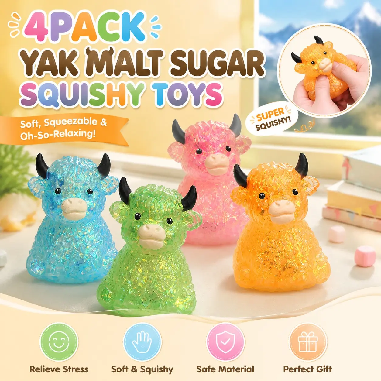 Malt Sugar Yak Squishy Toy Set of 4, Ultra Soft Squishies Stress Relief Toy, Safe Non-Toxic Sensory Toy, Kids Adult Relaxation Gift, Birthday Present