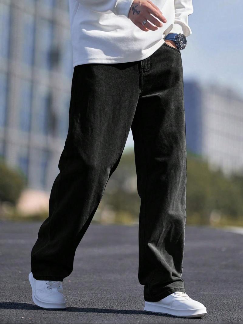 【Plus Size】 Men's Solid Color Wide Leg Slouchy Jeans, Fashion Casual Comfy Denim Trousers for Daily Outdoor Wear, Men Plus Size Bottoms for All Seasons, Pants