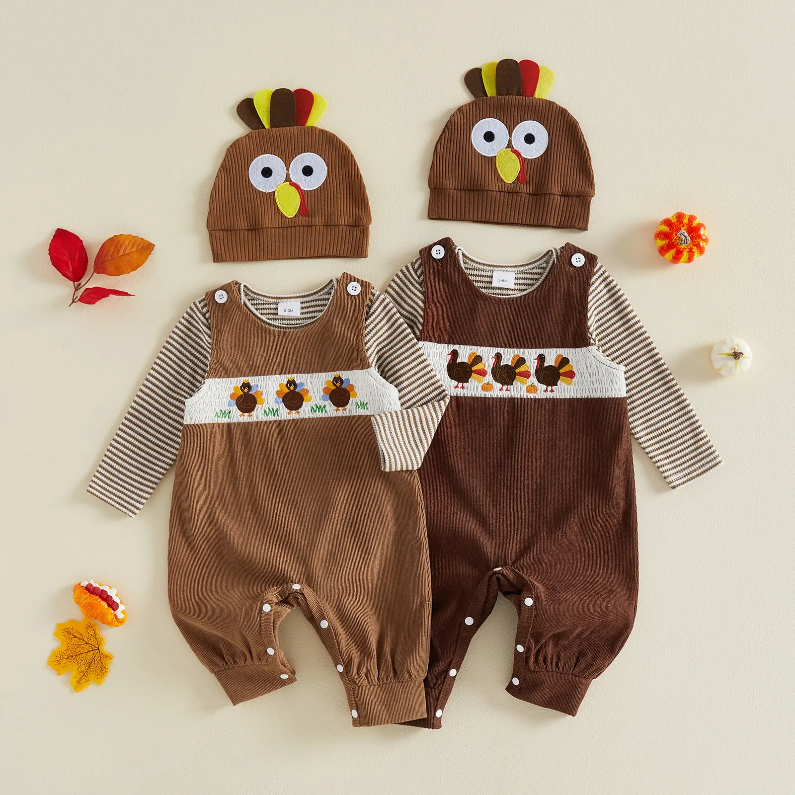 REDWOON Infant Baby Boy Thanksgiving Outfit Striped Long‑Sleeve Bodysuit Triple Turkey Embroidery Sleeveless Overalls and Turkey Hat Set