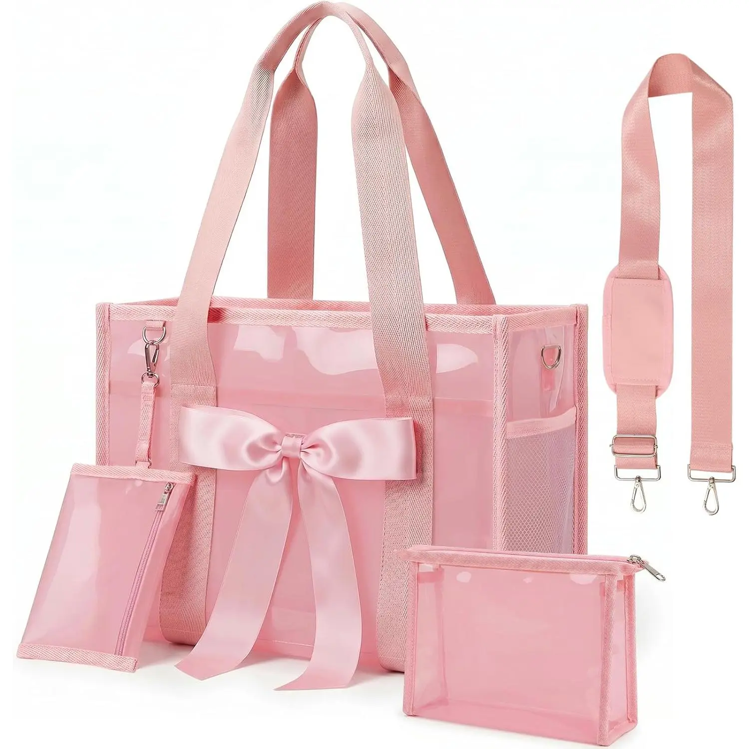 Jelly Tote Bag,25L Bow Beach Tote Bag for Women,Cute Pool Bags for Girl,Beach  Sandproof Zipper Bag with Phone Pouch, makeup Bag, Adjustable  Strap