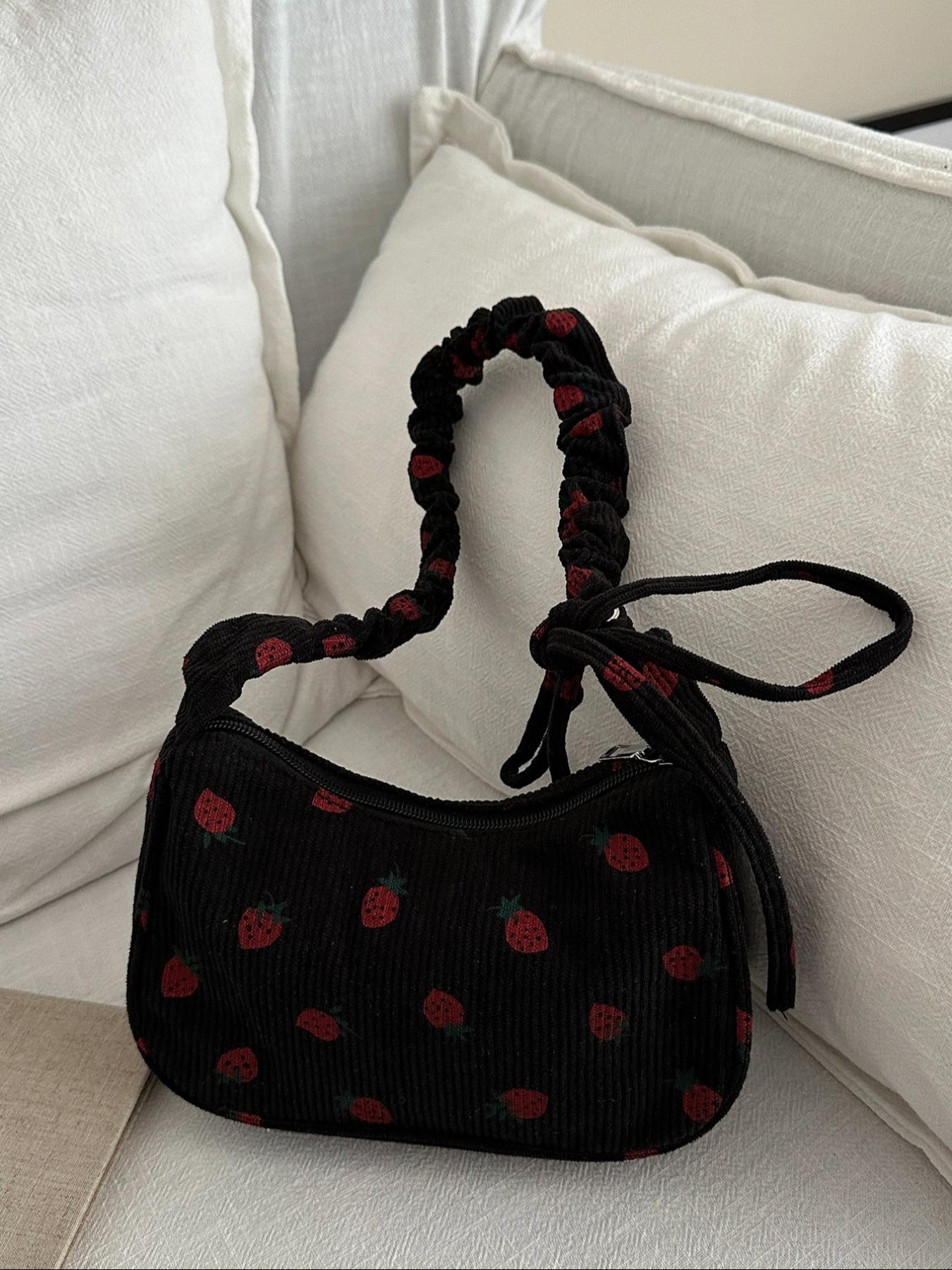 Cute Strawberry Print Underarm Bag, Drawstring Design, Soft Casual Fruit Pattern Shoulder Clutch, Versatile Handbag for Women