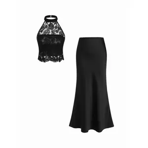 Cider Cotton-blend Lace Halter Crop Top & Low Rise Mermaid Maxi Skirt Set