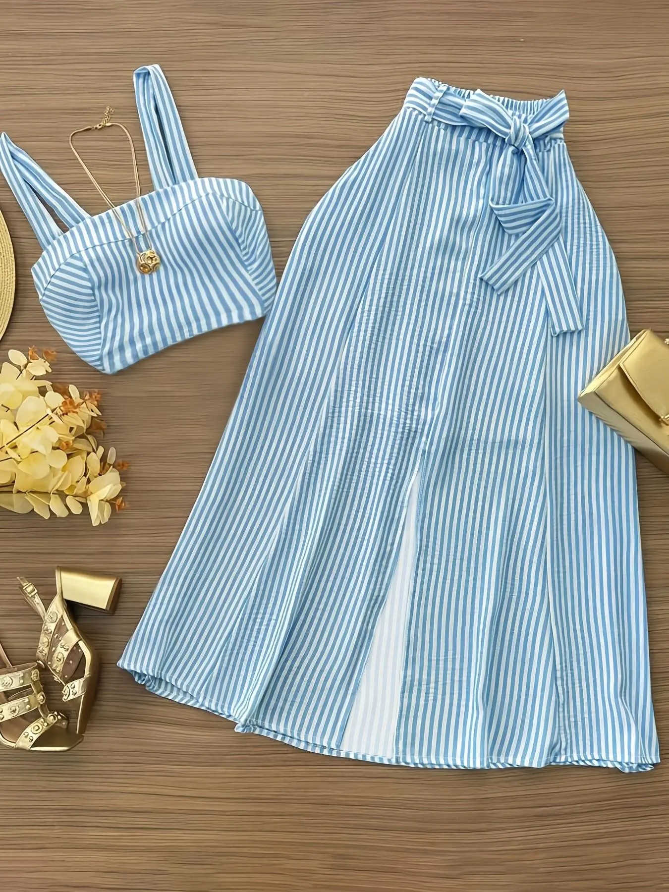 Women's Striped Crop Top and High Waist Slit Maxi Skirt 2 Piece Matching Set, Blue White Spaghetti Strap Bow Tie Casual Lightweight Outfit, Elegant Summer Set for Vacation, Beach, Brunch, Date Night, Travel, Trendy Streetwear for Ladies, Clothes