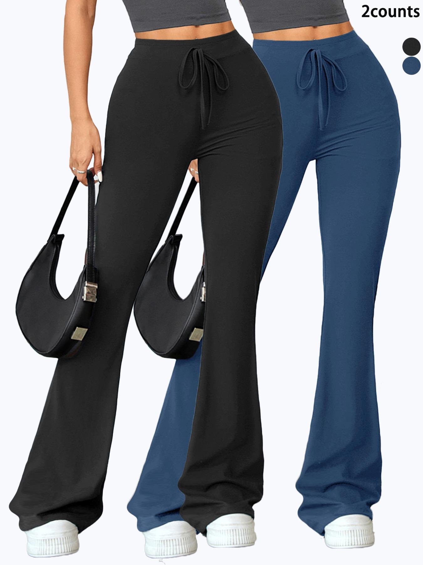 Women's High Waist Flare Leg Sports Tummy Control Leggings, Solid Color Drawstring High Stretch Yoga Leggings, Gym Clothes, Ladies Sportswear for Indoor Outdoor Wear, Gym Yoga Pants