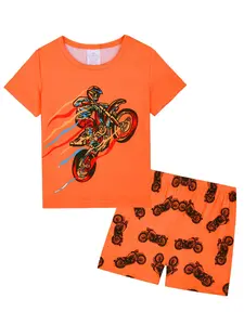 Boys' Round Neck Short Pajama Set, Motorcycle Digital Print, Multiple Colors, Fashion Casual Comfortable Fitted Home Sleepwear