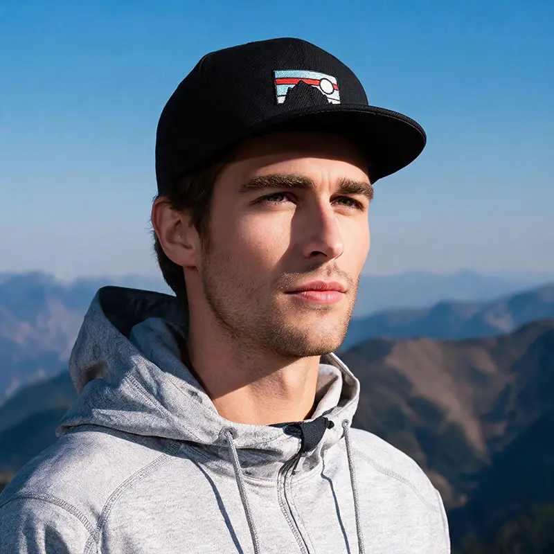 Embroidered Mountain Snapback Hat, Black Flat Bill Streetwear Cap, Adjustable Casual Hat for Outdoor Style, Casual Hats, Hand Wash Only Hats