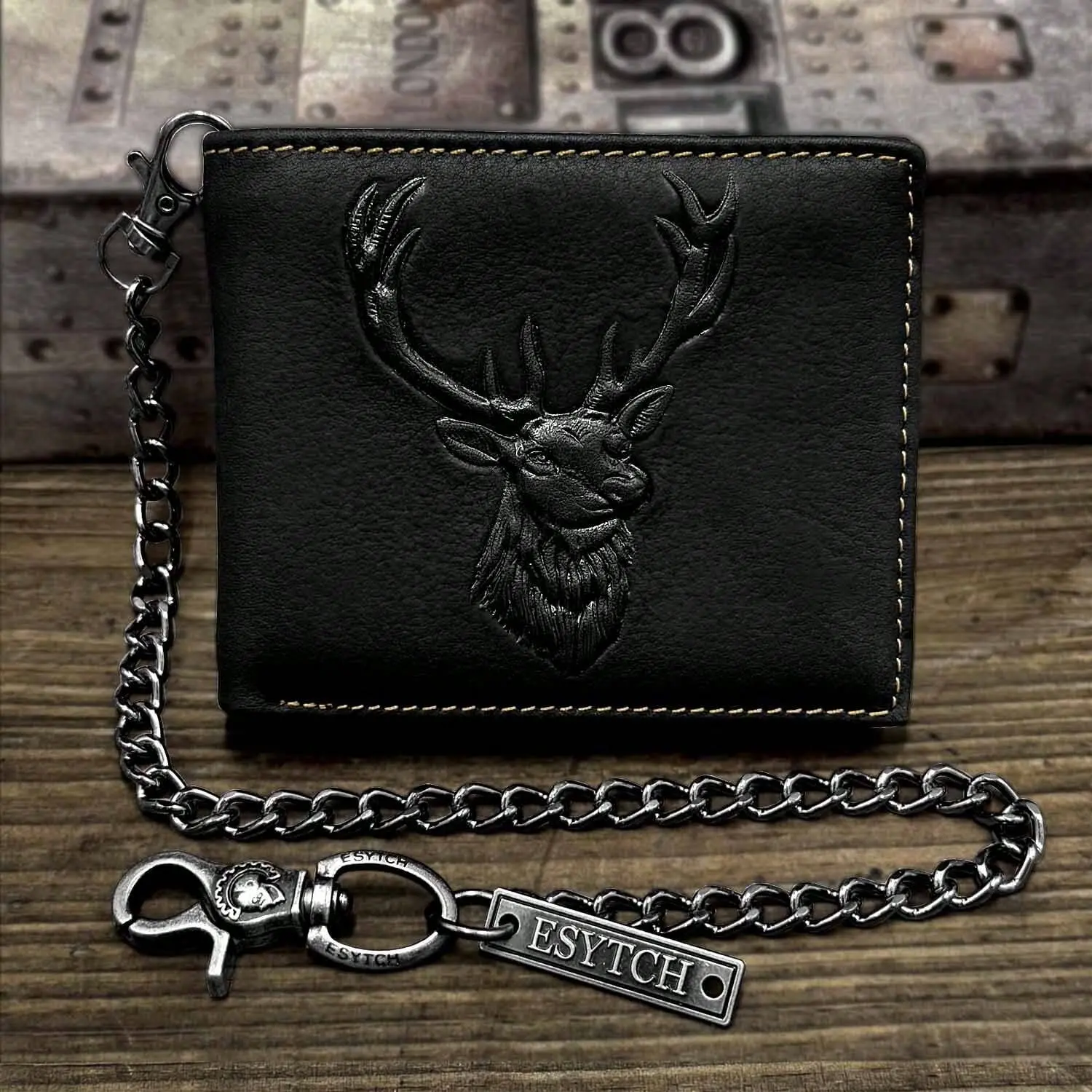 Mens Vintage Leather Biker Wallet Deer Card Holder Wallet With Chain for Mens