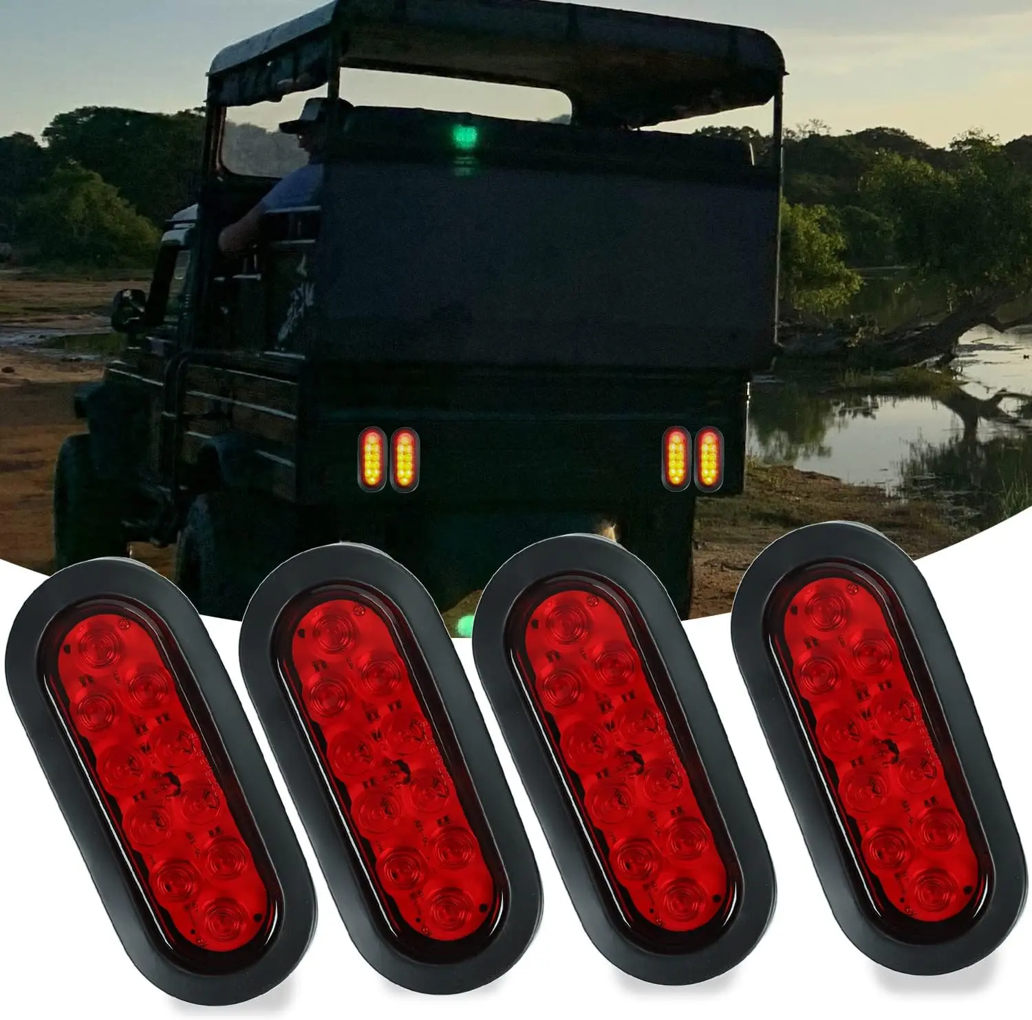 4PCS Red 6" Oval 10 LED Trailer Tail Lights Kit, Flush Mount Stop Turn Brake Running Marker Lights for Boat RV Truck Utility Trailer 12V Waterproof Heavy Duty