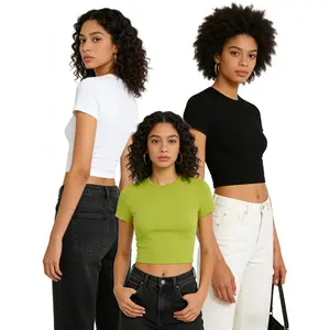 Y2K Woman Solid Cotton Crop Tops Short Sleeve High Elastic T-Shirt Soft O-Neck Sporty Tees Summer Street Fashion Female Clothes