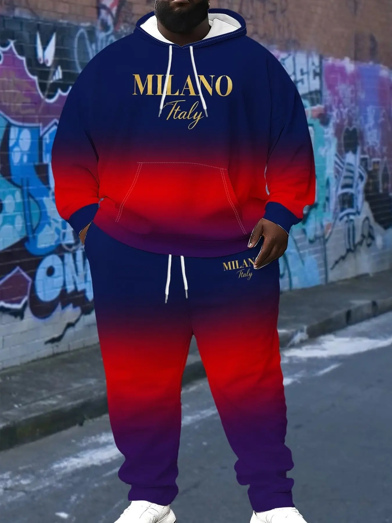 Men's Gradient Blue Milano Letter Print Hoodie Set, Loose Fit Drawstring Sweatshirt and Ankle Pants, Casual Streetwear Sportswear