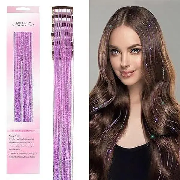 6 Pcs 24 Inch Clip In Hair Tinsel, Glitter Fairy Hair Extensions, Dazzling Tinsel Hair Strands Kit, Sparkly Festival Party Hair Accessories for Women Girls Kids Synthetic Curly Wavy,travel essentials,camping essentials