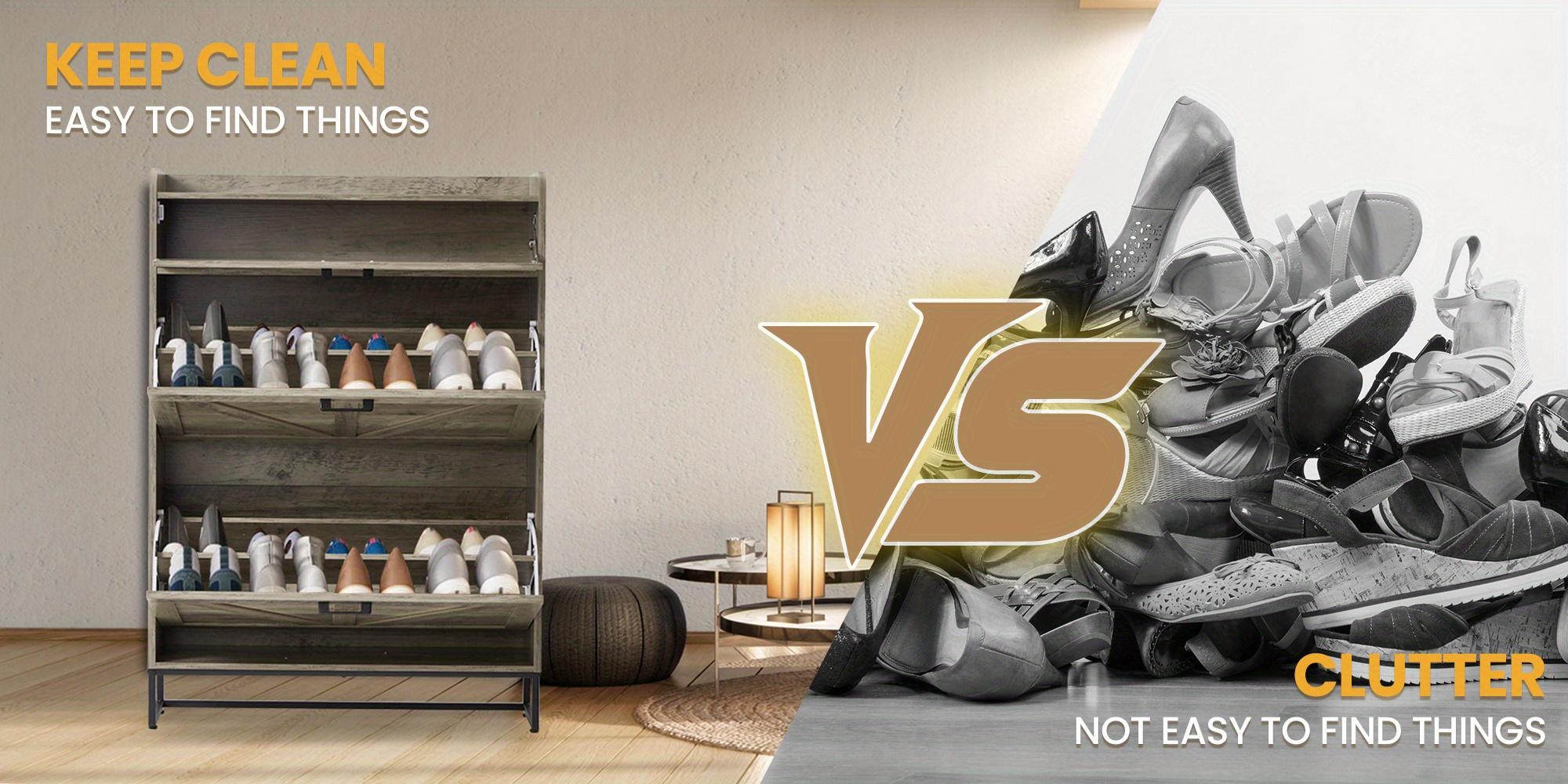 Farmhouse Style Freestanding Shoe Cabinet with 2 Flip Drawers, Large Capacity Storage for Entryway, Adjustable Compartments, Heavy Duty Build, Side Hooks Included, Oak Gray Farmhouse Style Freestanding Shoe Cabinet with 2 Flip Drawers, Large Capacity Storage for Entryway, Adjustable Compartments, Heavy Duty Build, Side Hooks Included, Oak Gray