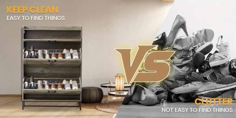 Farmhouse Style Freestanding Shoe Cabinet with 2 Flip Drawers, Large Capacity Storage for Entryway, Adjustable Compartments, Heavy Duty Build, Side Hooks Included, Oak Gray