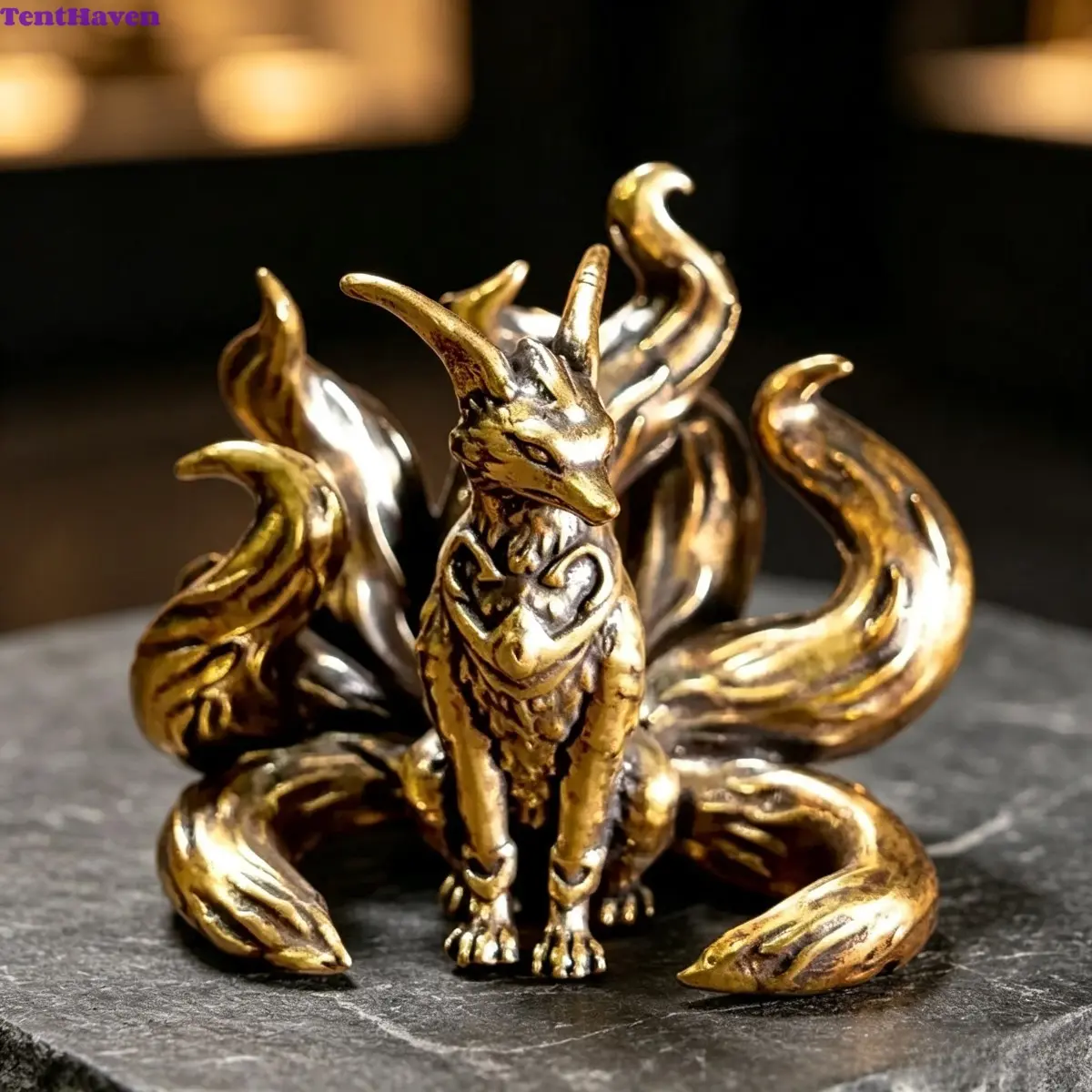 Nine‑Tailed Fox Figurine, Antique Brass Copper Animal Statue, Vintage Feng Shui Mini Ornament, Collectible Desktop Decor for Home Office Desk Display