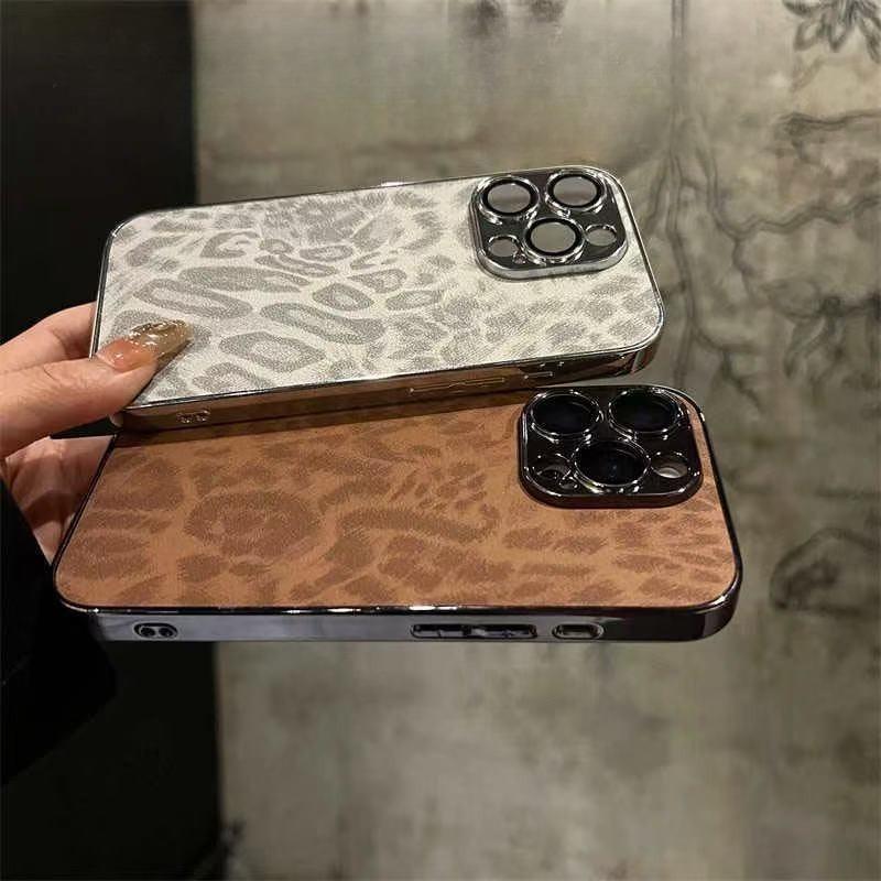 Luxury Plating Leopard Texture Leather Case For iPhone 16 15 14 Plus 13 12 11 Pro Max Lens Protection Shockproof Soft Cover Protective Smartphone