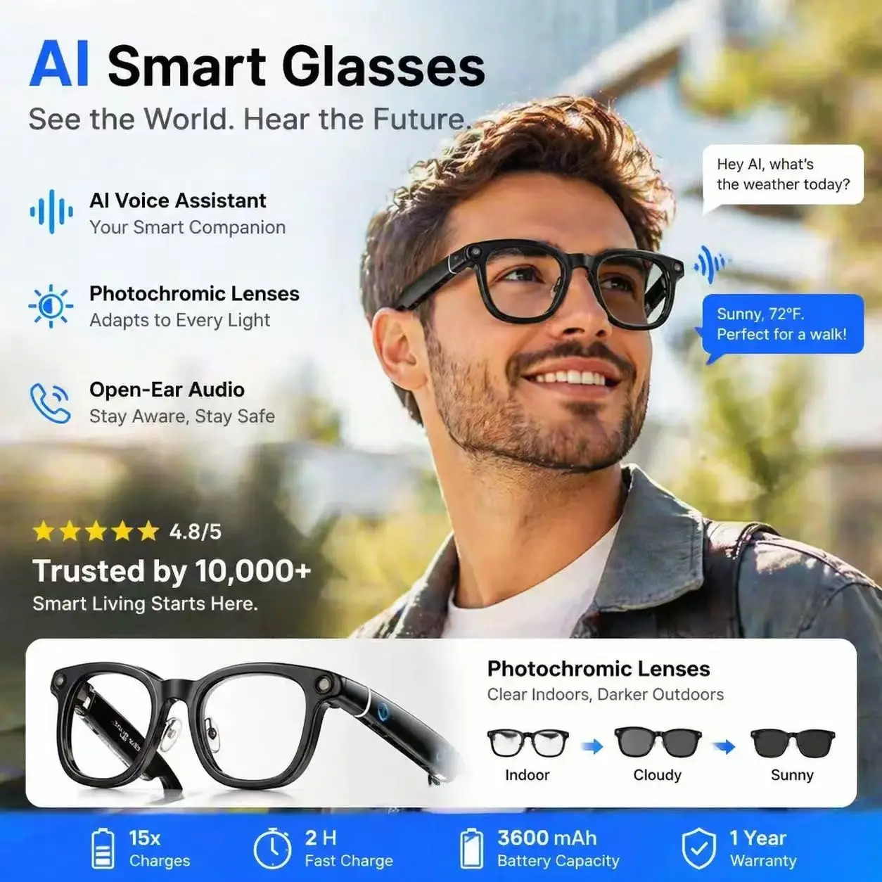 Ai Smart Glasses M02, 1200p HD Recording, 3000w Photo, Dual Mic Noise Reduction, Real-Time Translation, 3600mah Charging Case, Reverse Charging