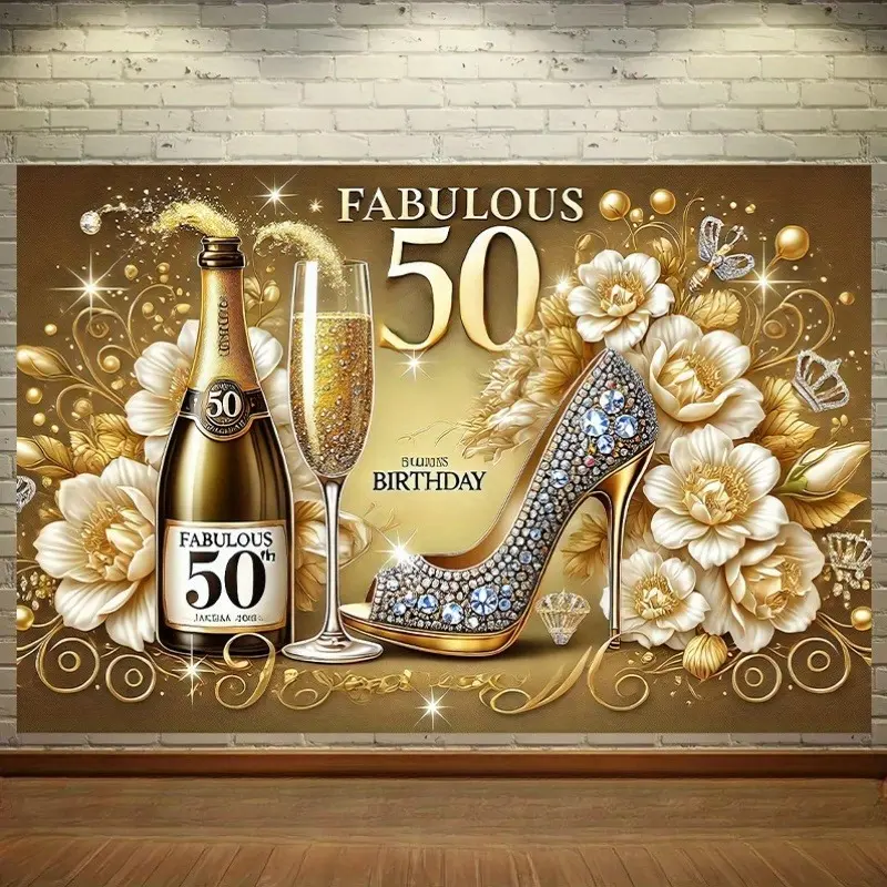 Premium Polyester Fiber Golden 50th Birthday Tapestry - 60 x 40 inches Prints, Lightweight Wall Hanging for Anniversary, Wedding, Baby Shower Party Venue Decor, Photography Backdrop, Living Room Accent
