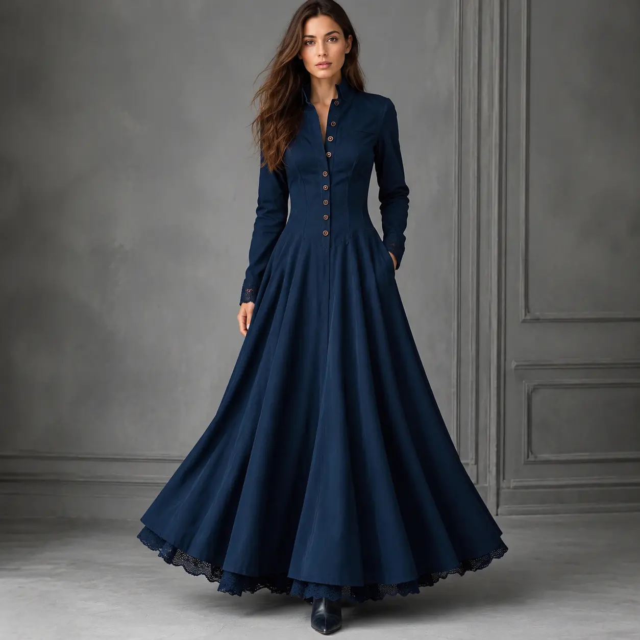Women’s Navy Blue Vintage Maxi Dress, Long Sleeve Button Front Stand Collar Full Skirt Dress with Side Pockets and Lace Trim, Elegant Victorian Gothic Inspired Fall Winter Dress for Parties, Events, Photoshoots and Daily Styling