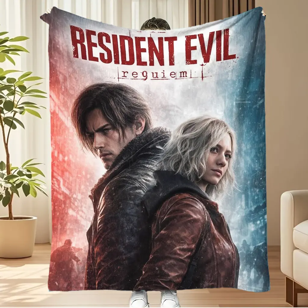 Resident Evil Requiem Leon & Rebecca Horror Game Poster Print Flannel Throw Blanket, Soft Cozy All Season Gamer Bedding Blanket for Sofa Bedroom Game Room Decor, Perfect Birthday Christmas Holiday Gift for Resident Evil Horror Game Fans