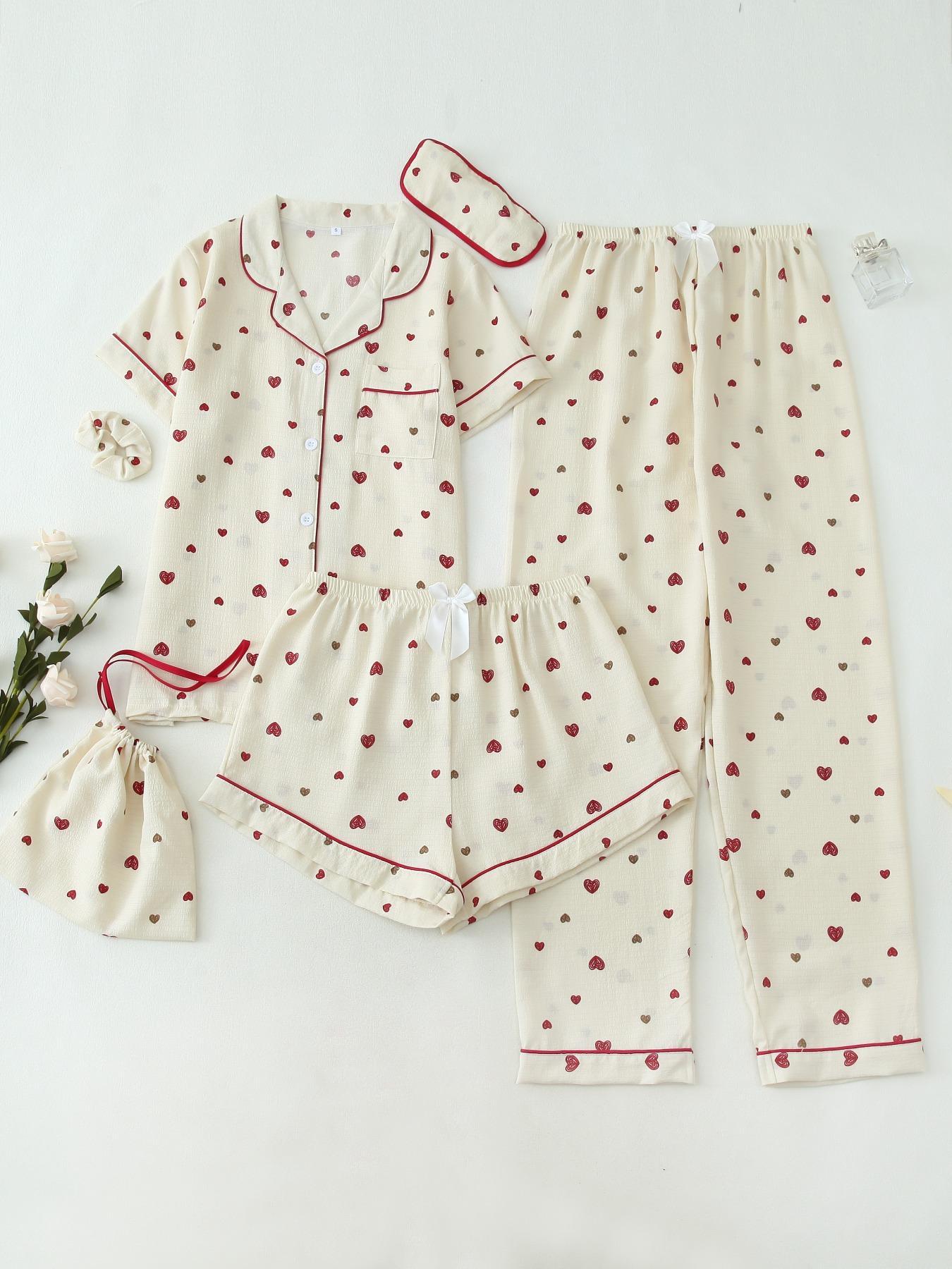 Women's Two-Piece Set All Over Cherry Print Contrast Binding Pyjama Set, Casual Elegant Lapel Pocket Shirt & Elastic Waist Pants & Shorts & Scrunchie & Eye Mask & Storage Bag, Women's Sleepwear for All Seasons, Matching, Womenswear, Pajama Set, Pajamas