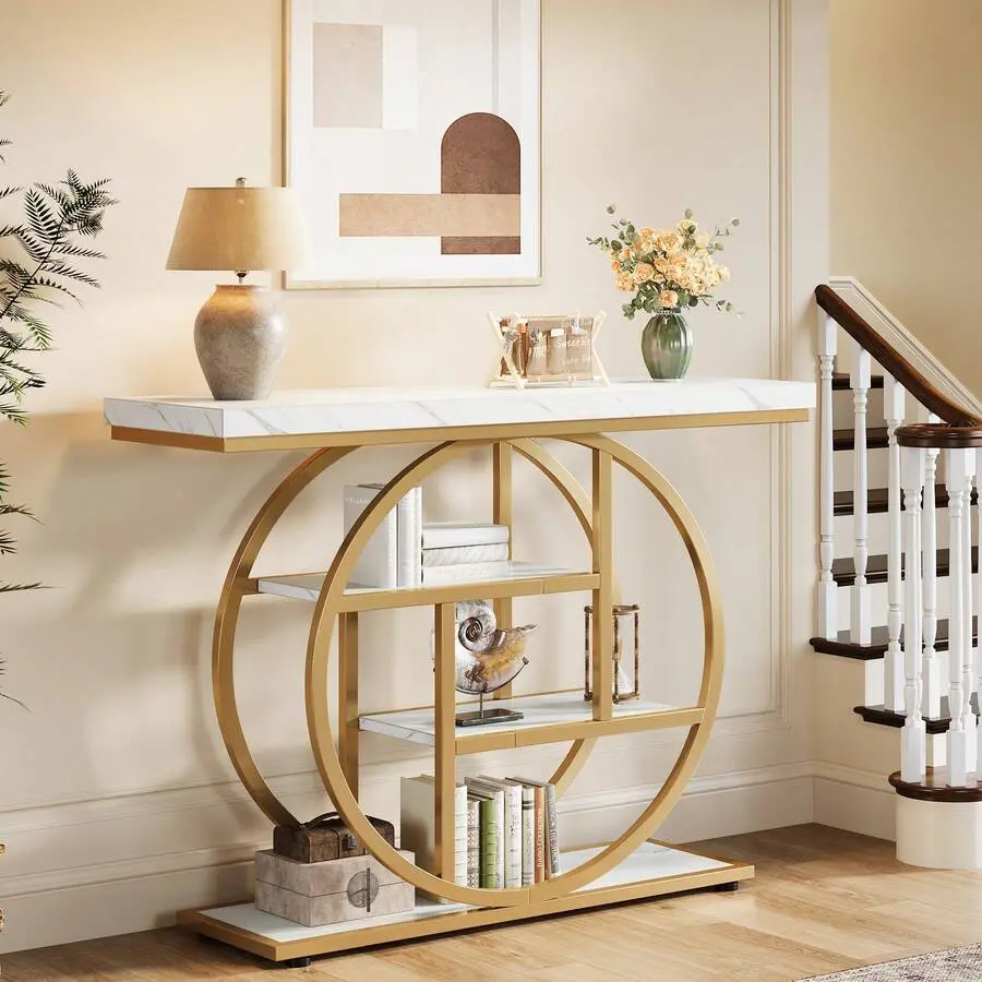 41.3" Console Table, Modern 4-Tier Sofa Entryway Table With Metal Circle Base, Narrow Wood Accent Tables With Storage Shelves Living Room, Hallway, Foyer, White Gold