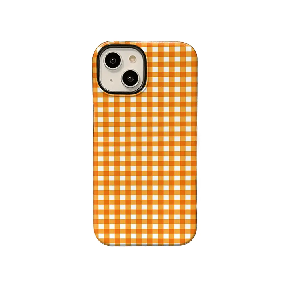 Orange White Checkered Phone Case - Fresh Sweet Style Protector Casing Cover with Drop Protection for iPhone 17,16,15,14,13,12,11 Plus Pro Max, Lovely Decor Gift