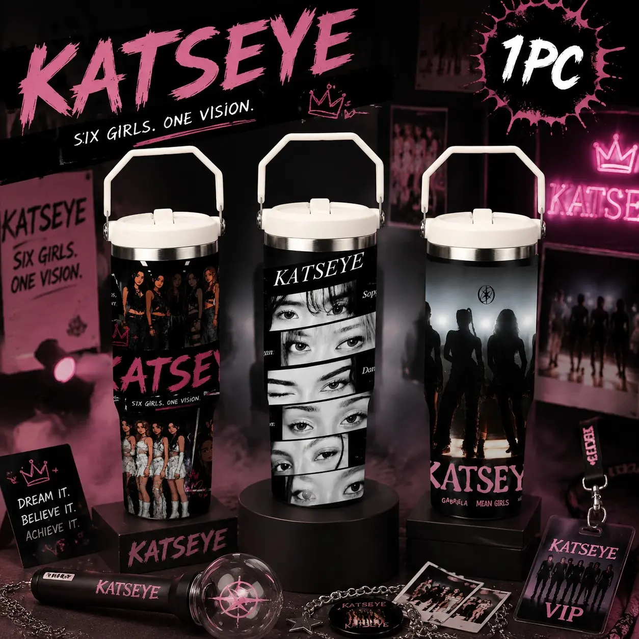 KATSEYE Inspired 30oz Tumbler Cup, Dark Star Aesthetic Black & White Insulated Water Bottle with Handle, Mystic Girl Vibes, Girl Power Stage Collection, Kpop Fan Gift, Trendy Concert Merch, Birthday Christmas Holiday Gift for Her