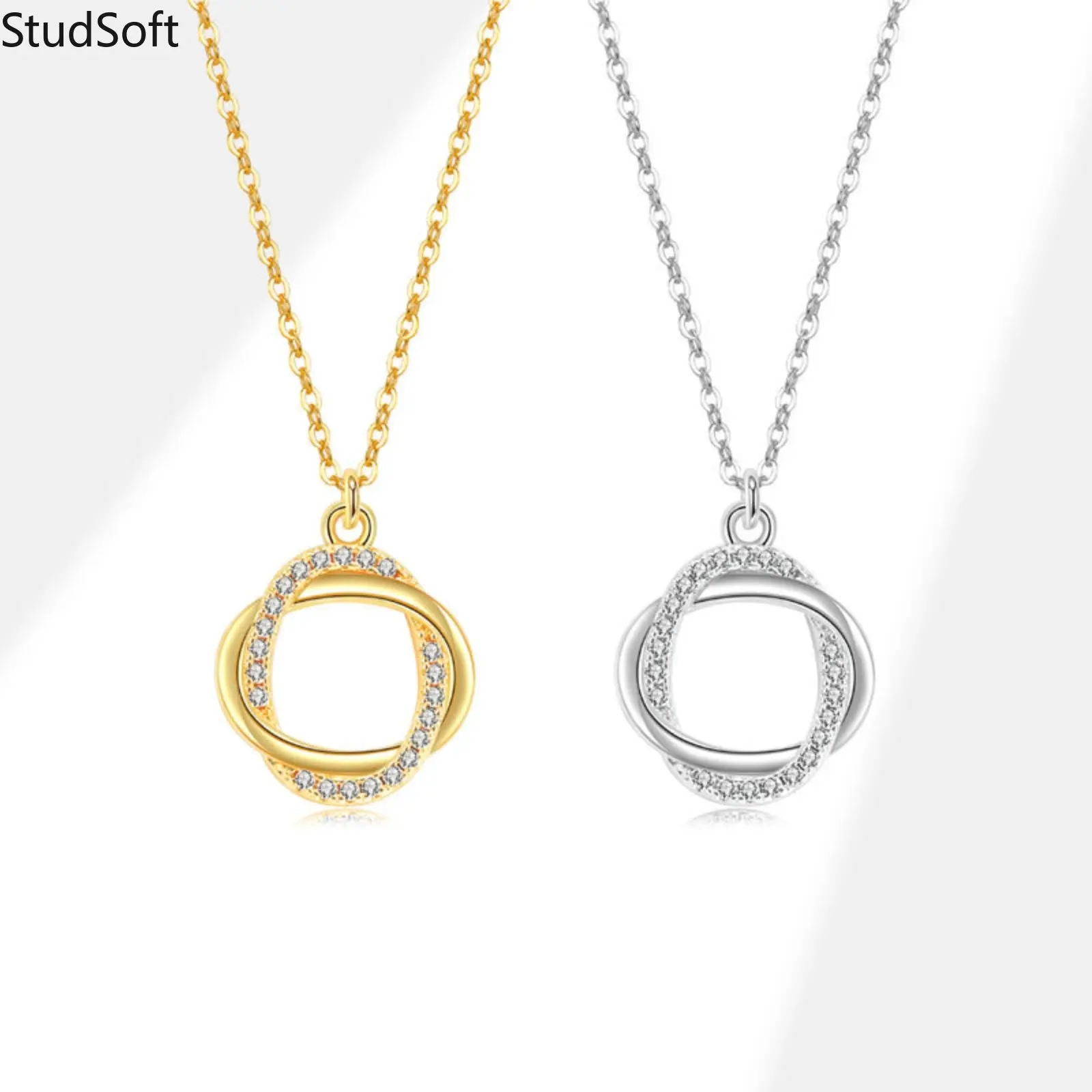 Women's Gold-Silver Necklace with Interlocking Round Circles, Elegant Synthetic Coloured Gemstone Minimalist Karma Pendant Jewelry, Female Birthday Gift for Sports & Outdoor Enthusiasts, Her, Interlocking Double Circles, Synthetic/Simulated Coloured Gemst