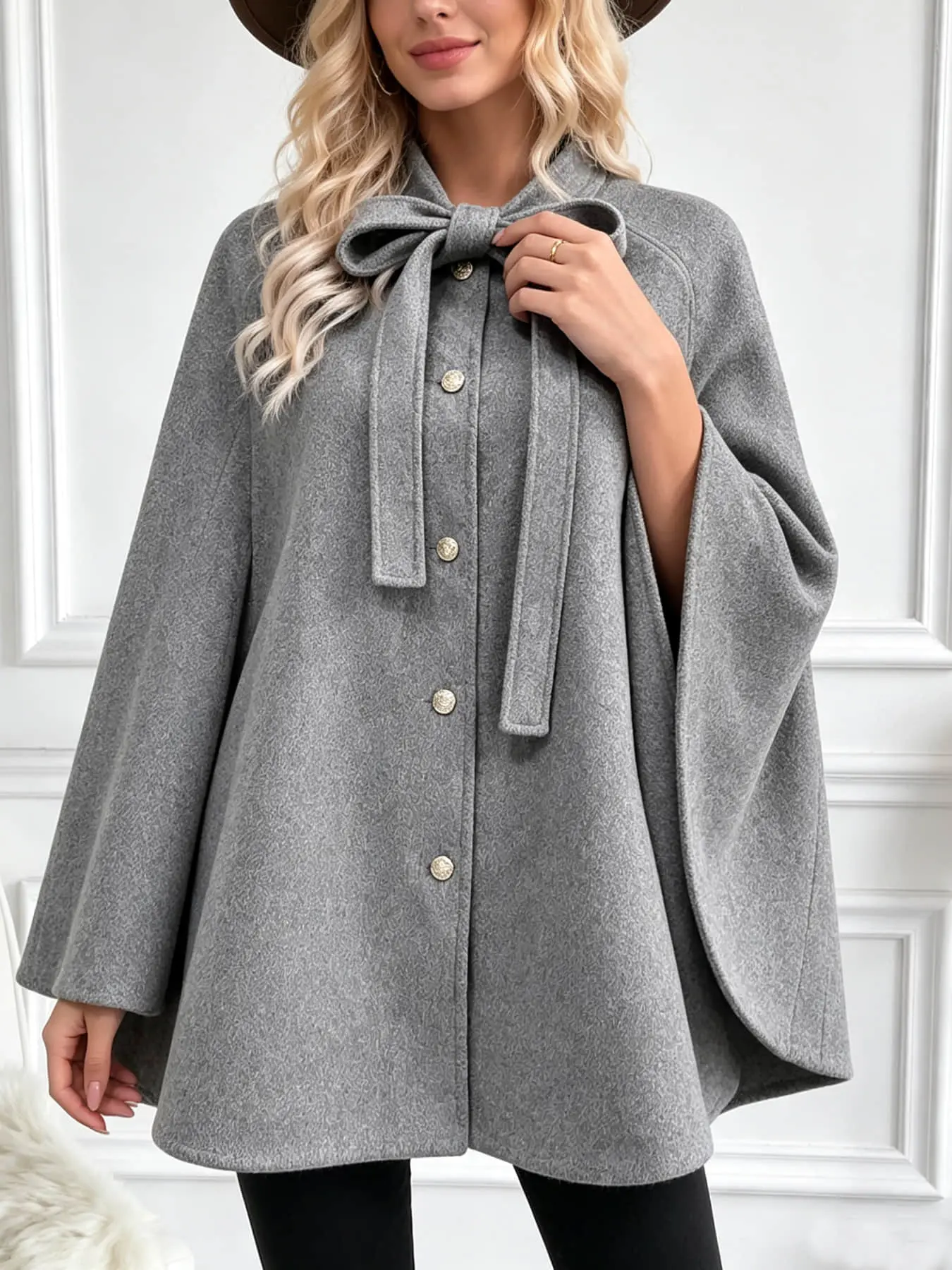 1 piece of women's fashionable autumn and winter new jacquard cape jacket Outerwear with bow tie and lace up shawl design suitable for commuting, banquets, parties, shopping, exploring stores, traveling