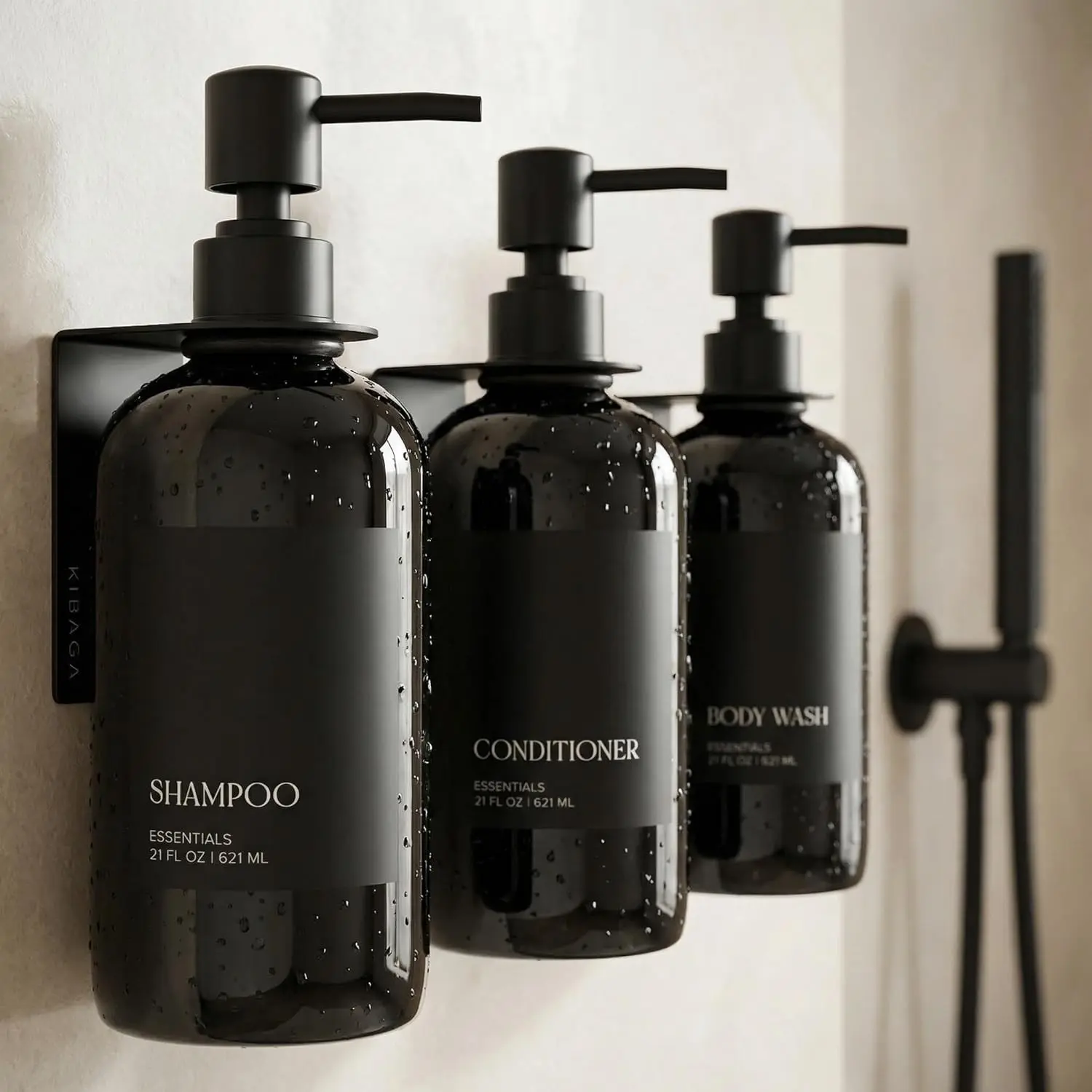 Stylish Drill Free Wall Mount Shampoo and Conditioner Dispenser Set of 3, 21oz Modern Shower Soap Bottles with Labels, Easy Refill Body Wash Dispensers for Instant Bathroom Decor Upgrade