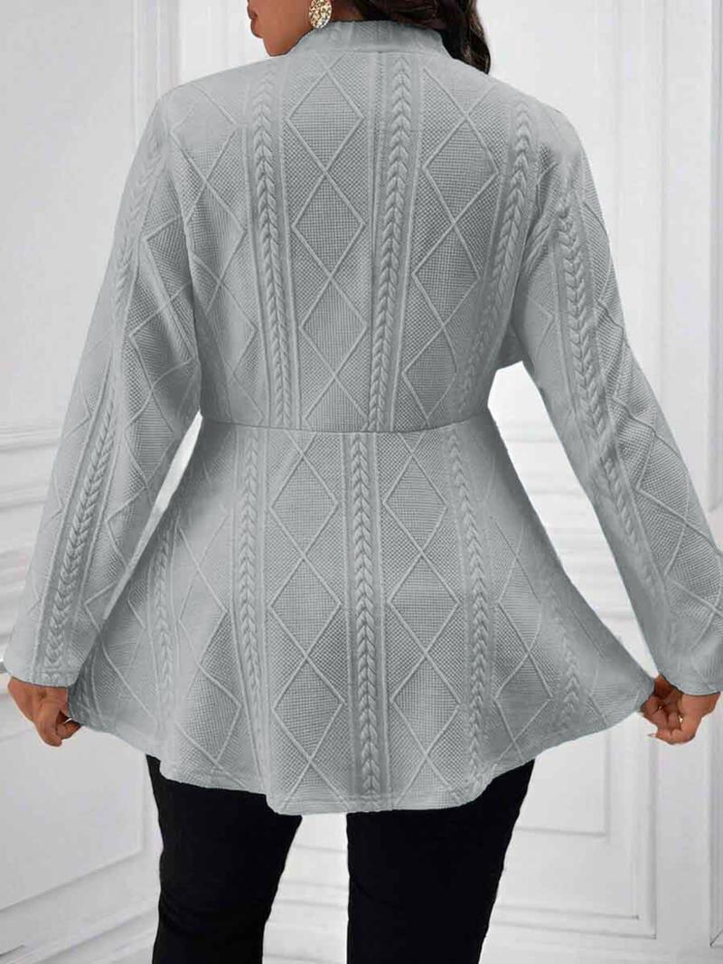 【Plus Size】 Solid Textured Button Front Blazer, Casual Fitted Long Sleeve Deep V Neck Outerwear for Work Office Business, Women's Clothes for All Seasons