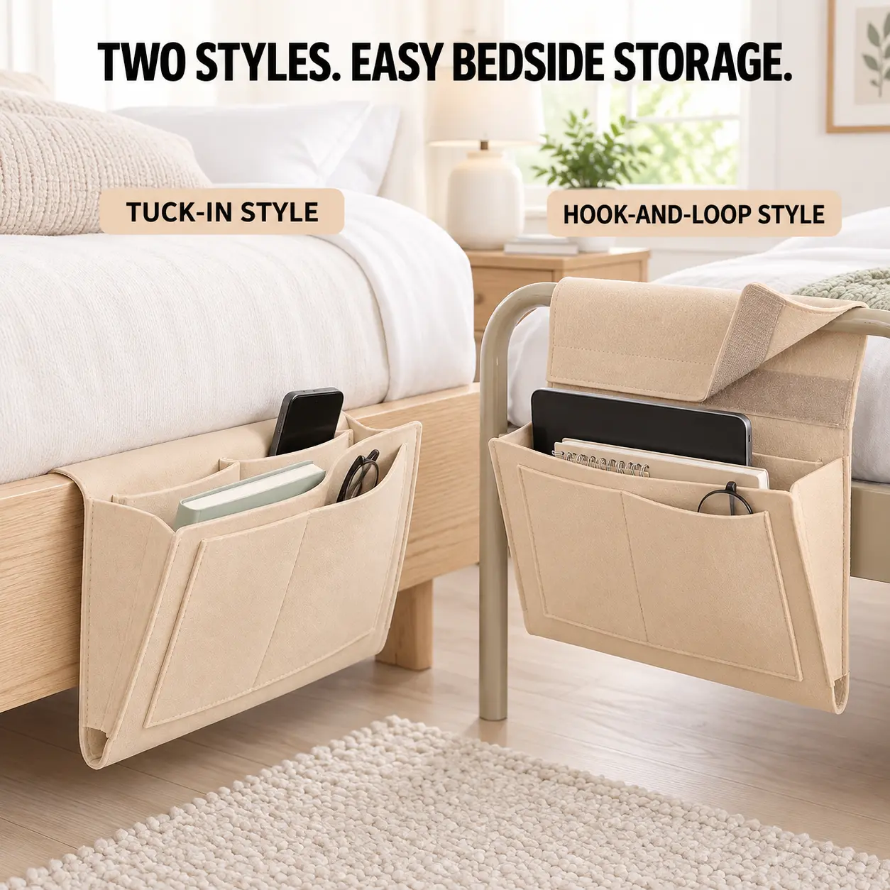 Bedside Caddy, 5 Pockets Felt Bedside Storage Organizer, Hanging Storage Organizer for Home Bedroom Living Room College Dorm Bed Water Bottles, Magazines, Phone, Glasses (Beige)-YY1