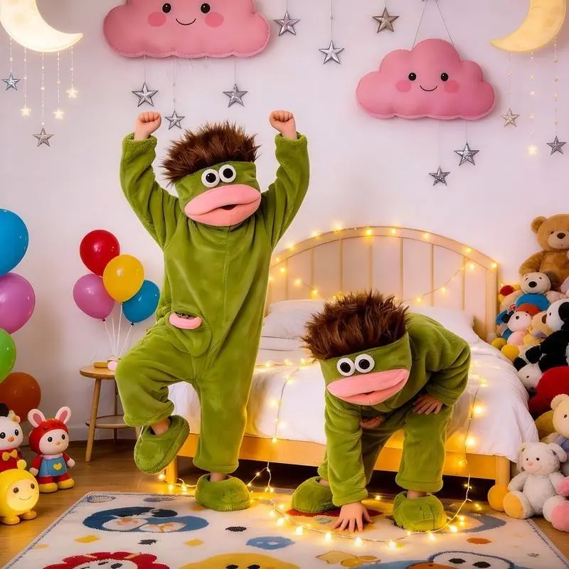 Fun Frog Onesie Pajamas, Plush Hooded Sleepwear, Comfortable Home Set, Includes Pajamas + Comb + Shoes, Party Decoration