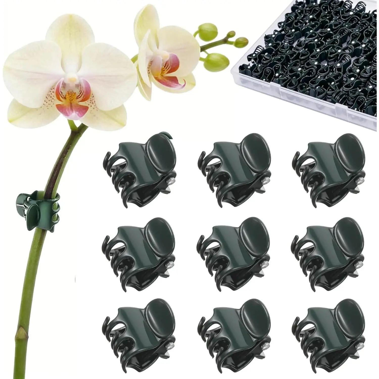 100-Count Plastic Orchid Clips, Small Flexible Grip Stem Support Clips for Thin Stems & Vines, 0.7-Inch Max Opening, Gentle-Grip Design for Orchids & Climbing Plants