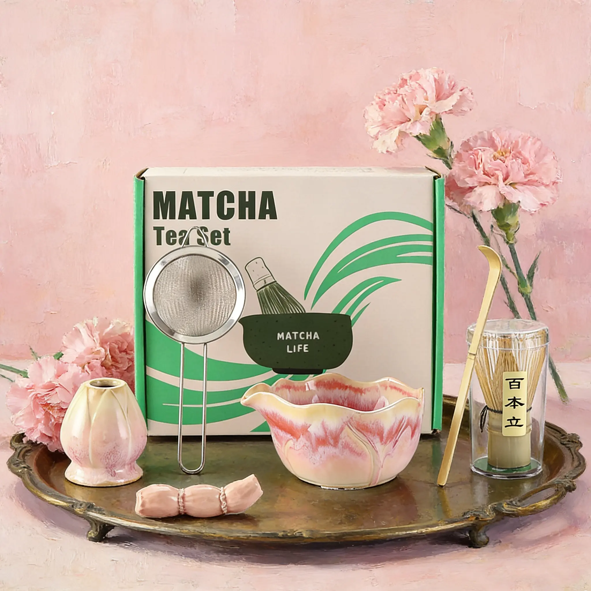 5-Piece Matcha Chasen Set, Complete Tea Ceremony Kit, Ceramic Bowl, Bamboo Chasen, Teapot Rack, Spoon, Powder Sifter, Traditional Matcha Tools