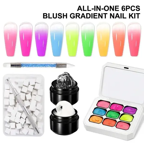 OsNailmall (6Pcs/Set) 4 In 1 Pattern Painting Gel Nail Polish, Gradient Blush Color Semi Permanent Soak Off UV & LED Gel with Sponge Grabber Tool, Nail Art Creation Salon Finger Nail Polishes Nail Products