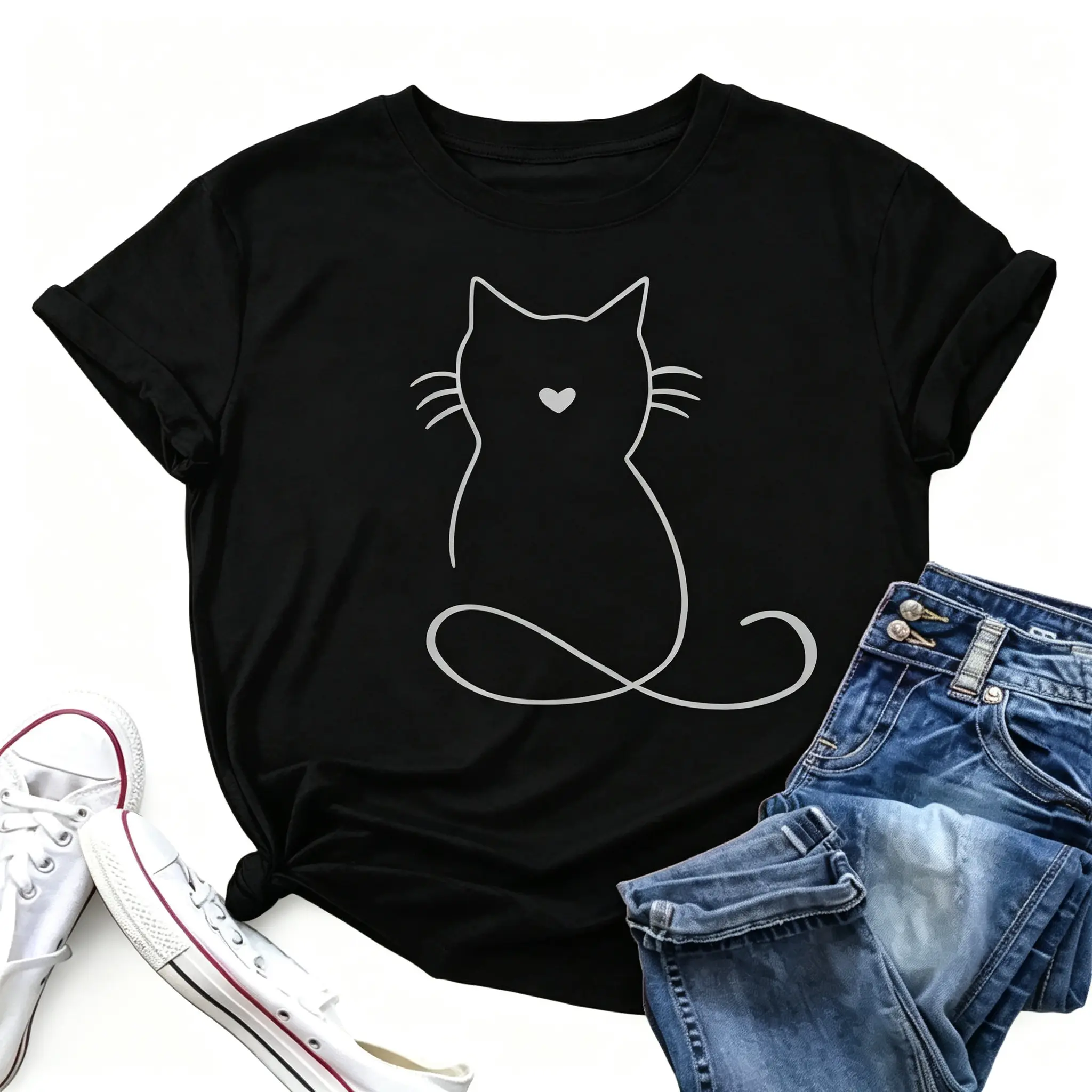 Cute Cartoon Cat T Shirt Womens Print Crew Neck Short Sleeve Casual All Seasons Everyday Wear
