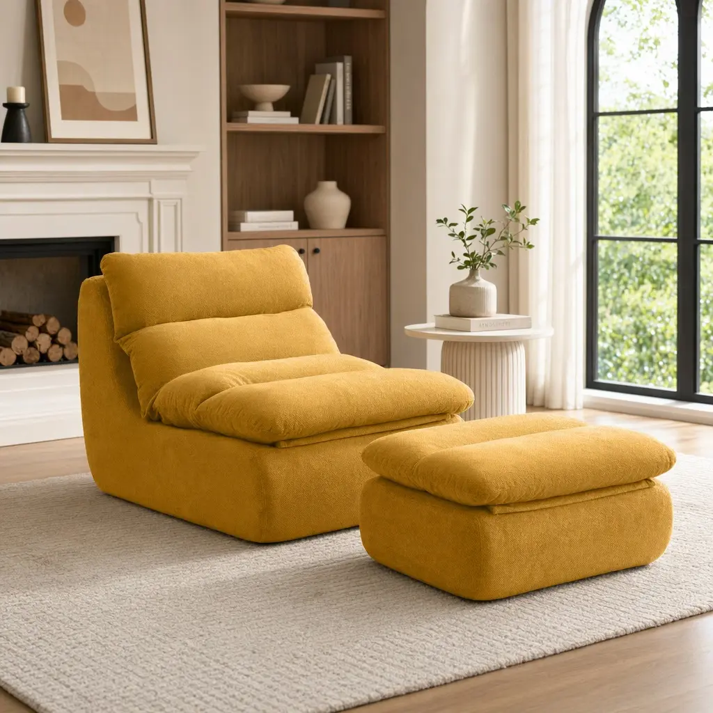 ARCH 32 In Tufted Upholstered Lazy Sofa Beanbag with Matching Ottoman, Medium-Soft Cotton Cover Foam Cushion Back Floor Sofa Lounge, 34.6l x13.6w x13.6h in, 45.10lb Indoor Lounge Furniture for Adult Napping (Allow Up to 48 Hours for Expansion), Tufted Bac