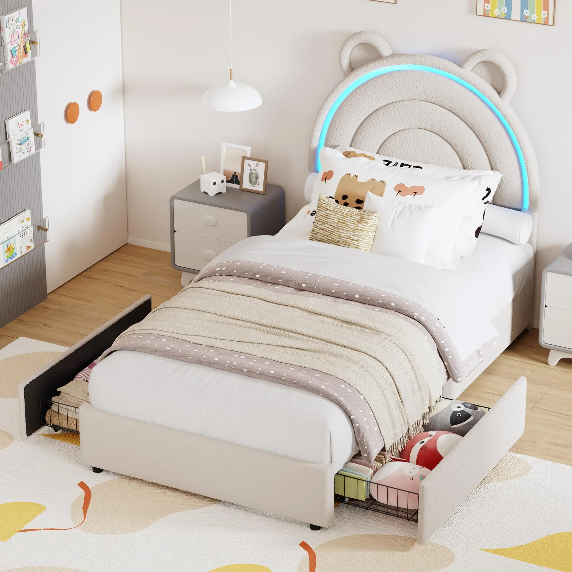 Twin Upholstered Bed Frame with Rainbow Lights LED Headboard, 2 Storage Drawers, 750lb Capacity, Wooden Slats, DIY Quick Set, No Box Spring Needed, Ideal for Child's Room, Rgb Headboard