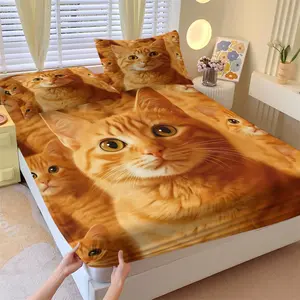 Realistic Orange Tabby Cat Fitted Sheet Set, 1 Fitted Sheet + 2 Pillowcases, Deep Pocket Non-Slip Mattress Protector, Large Lifelike Ginger Cat Face Print, Warm Cozy Bedding For Cat Lovers Bedroom Decor