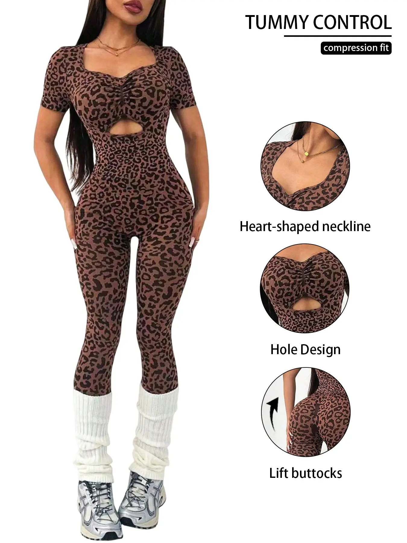 Leopard Print Jumpsuit Women, Chest Ruched Waist Hollow Out Peach Butt High Stretch Slim Fit Yoga Sports Jumpsuit, Long Pants, Sculpting Jumpsuit