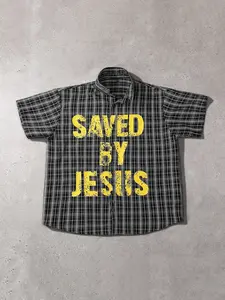 Vintage Jesus Salvation Pain Pattern Checkered Short Sleeve Button Shirt, Oversized Christian Faith Street Top, Men's and Women's Religious Declaration Loose Shirt, Viral Y2K Faith Daily Set Shirt