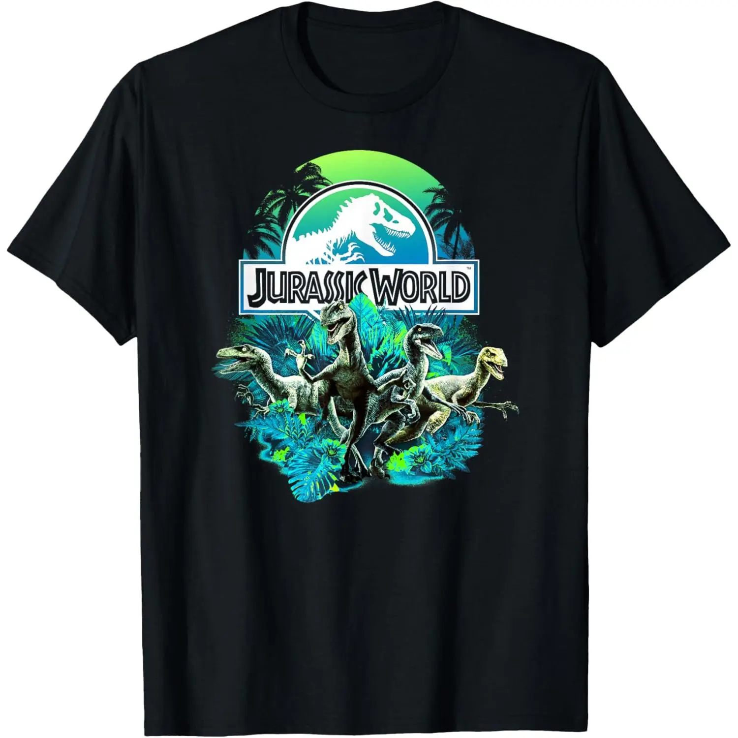 Jurassic World Tropical Jungle Four Velociraptors Green Blue Gradient Logo Palm Tree Leaf Retro Movie Graphic T-Shirt Men Crew Neck Short Sleeve Black Tee Dino Fan Comic Convention Summer Street Tops For Adult Men Teen Boys Guys Jurassic Raptor Dinosaur F