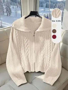 Soft Knit Pullover for Women, Unique Design Zipper Coat, Loose Fit Turn-Down Collar Sweater, Fall Winter Casual Outerwear
