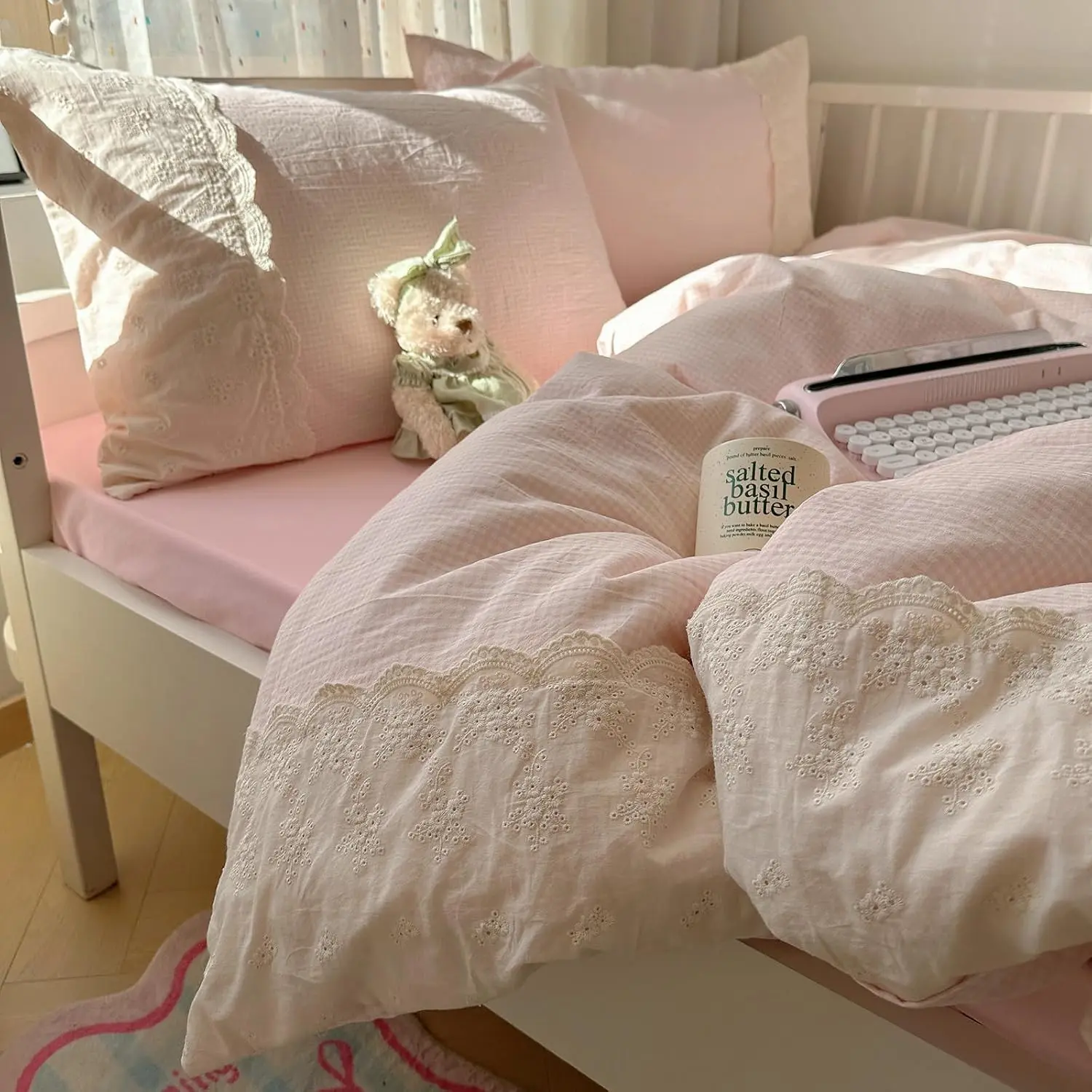 Pink Gingham Duvet Cover Twin XL 3 Pieces Romantic Lace Duvet Cover Pink Plaid Checkered Comforter Cover with 2 Pillowcases Soft Breathable Microfiber Grid Farmhouse Plaid Bedding Set