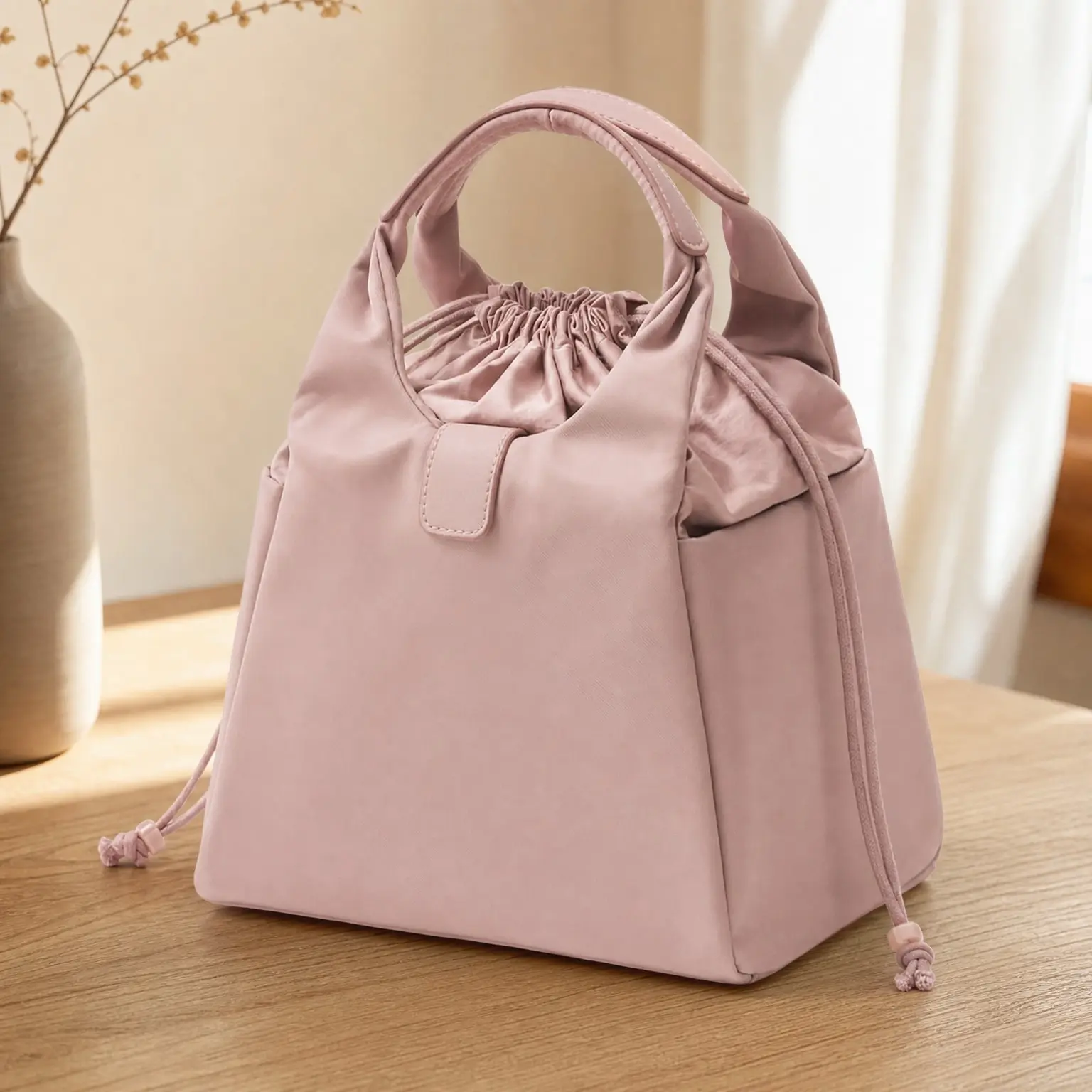 Insulated Drawstring Lunch Bag for Women Cute Bucket Lunch Tote Reusable Thermal Cooler Handbag with 2 Side Pockets for Office Commute Gym PinkGift