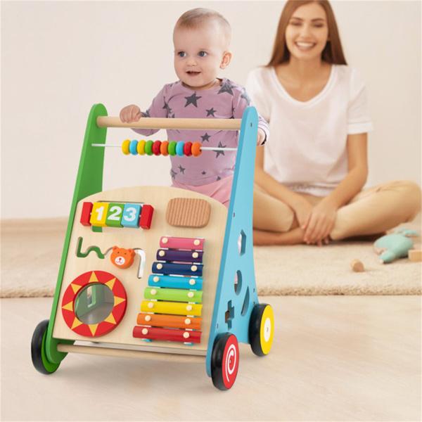 Multifunctional Wooden Baby Walker - 7+ Activity Center (Xylophone/Shape Sorter/Mirror), 3+ Years Old