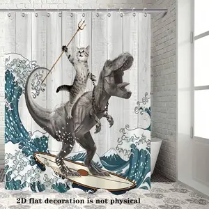Surfing Dinosaur & Cat Ocean Wave Shower Curtain– Fun Bathroom Decor with 12 Hooks, Complete Bathroom Set