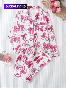 Two-piece Set Women's Christmas Print Button Front Pocket Shirt & Elastic Waist Pants Pyjama, Casual Comfy Long Sleeve Collared Top & Trousers Pajama Set, Women's Sleepwear for Spring & Fall