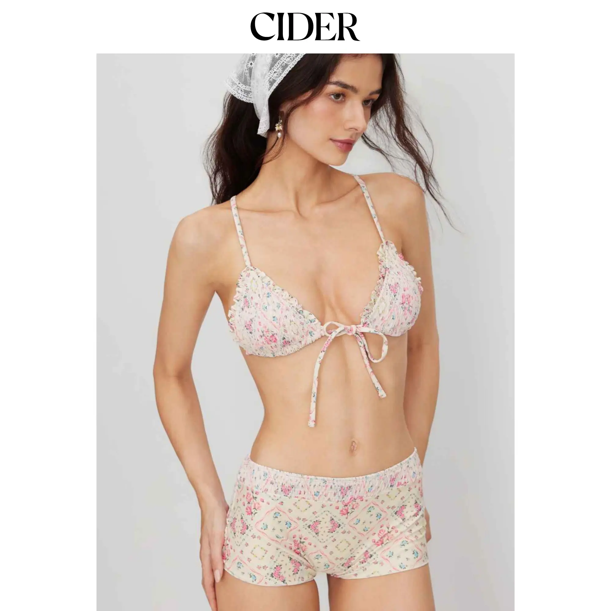 Cider V-neck Floral Shirred Lettuce Trim Knotted Triangle Shorts Bikini Set